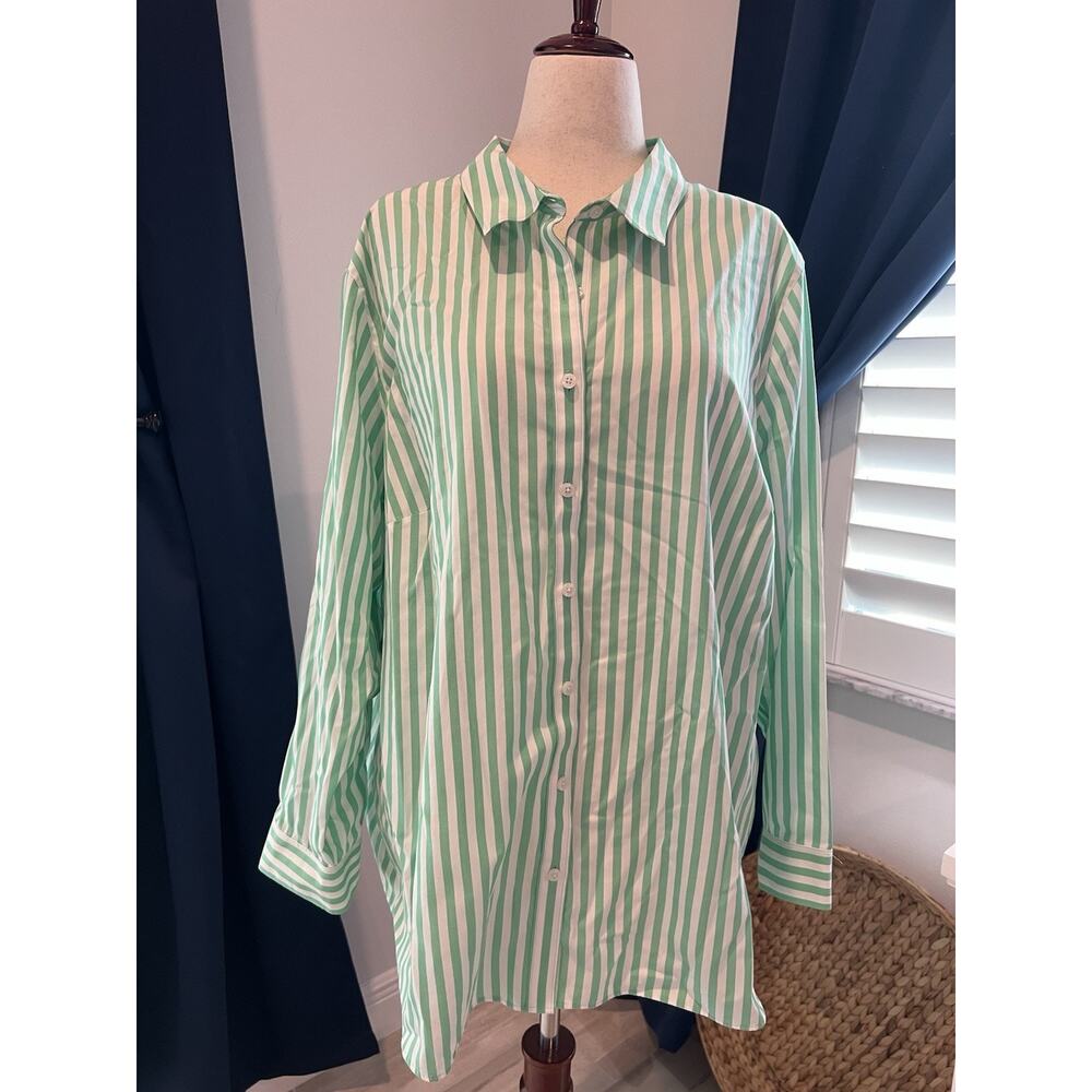 LANDS END Women's Blouse Green White Bengal Stripes Cotton 24W Casual Classic